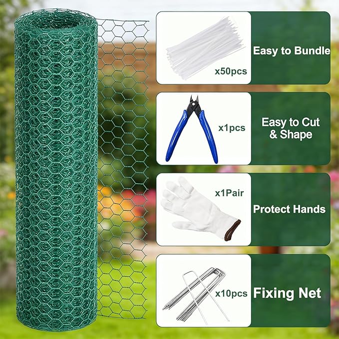 16ftx11.8In Plant Protectors from Animals,Plant Cages for Outdoor Plants,Wire Plant Protector Cage,Wire Plant Protector,Chicken Wire Cloche with Ground Stakes & Nylon Ties Protect Plants from Animals