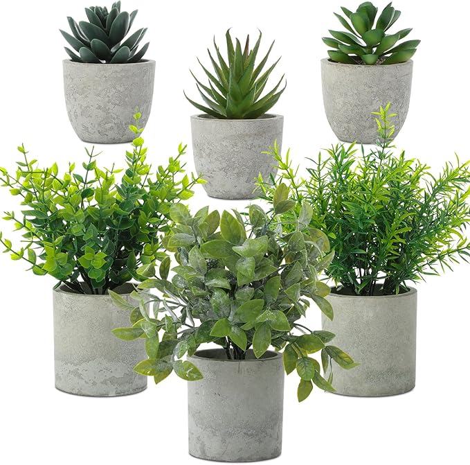 Chunful 6 Pack Small Artificial Greenery Potted Plants Indoor Mini Fake Eucalyptus Rosemary Succulents in Pulp Rustic Farmhouse Table Centerpiece for Shelf Bathroom Bedroom Kitchen Office