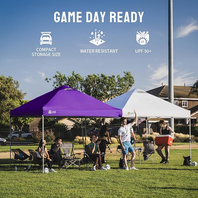 CROWN SHADES 10x10 Pop Up Canopy - Beach Tent with One Push Setup - Easy Outdoor Sun Shade for Events, Parties, Camping - Gazebo with STO-N-Go Cover Bag, Silver Coated Top, Purple
