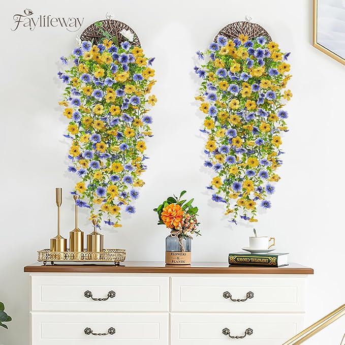 Artificial Hanging Flowers for Outdoors Spring Summer Decoration, 4PCS UV Resistant Silk Fake Hanging Plants for Patio Porch Front Yard Window Garden Indoor Decor(Blue&Yellow,4PCS)