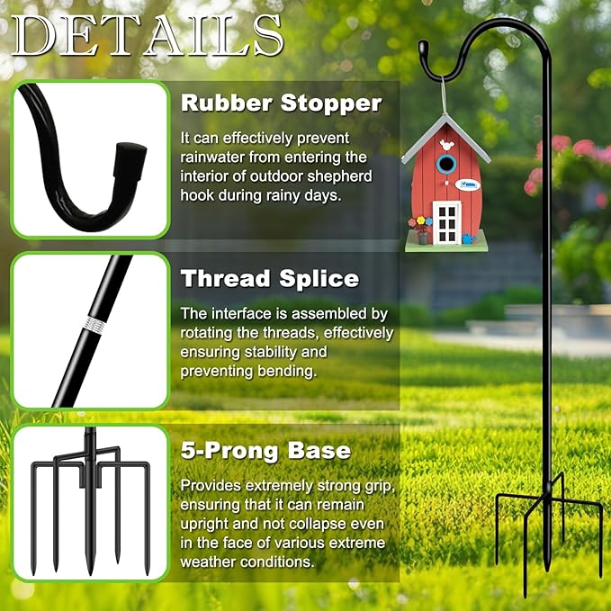 Shepherds Hooks for Outdoor 48 Inch Garden Bird Feeder Pole with 5 Prongs Base Adjustable for Hanging Flower Basket Plant Pot Solar Lantern Light Wind Chime Hanger for Wedding Decor 2 Pack