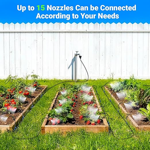 Thiswing 360° Adjustable Drip Irrigation System - Compatible 1/4" Irrigation System, 50FT Garden Watering Atomizing System with 15 Nozzles, Greenhouse Accessories for Yard, Lawn, Plants, Garden