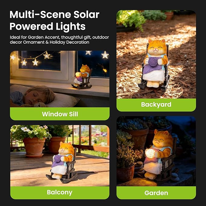 SOWSUN Miniature Cat Garden Statue Gift Outdoor Fairy Decor Figurine Lights Solar Garden Ornament, Birthday Gifts for Women Mother Mom Grandma Cat Lovers, Housewarming Porch Patio Yard Windowsill