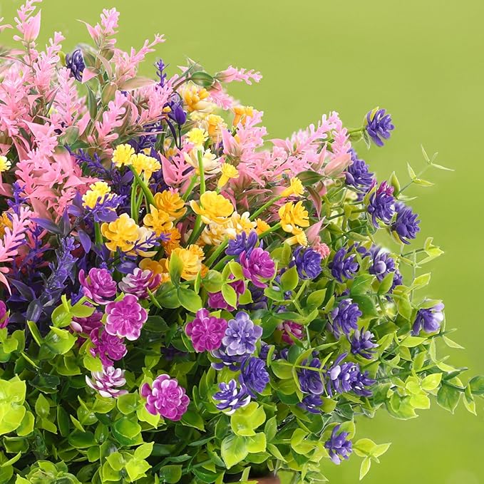 CEWOR 24 Bundles Artificial Flowers for Outdoor Indoor, Fake Silk Multiple Color Flowers, Faux Flower for Garden Front Door Porch Planter Patio Home Decor (Purple Fuchsia Pink Yellow)