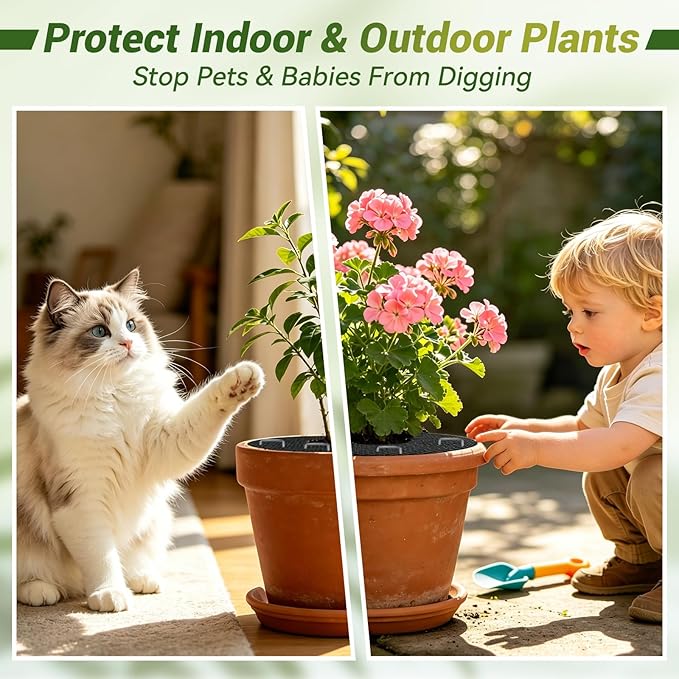 Cuttable Plant Pot Grid Set, 15.7" W x 236" L Indoor Plant Protector from Cats, Pot Soil Cover Protector from Animals with Stakes & Zip Ties for Garden Balcony, Fits Different Pot Sizes(Black)
