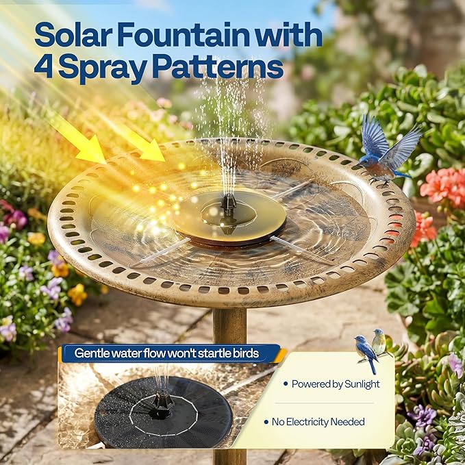 VIVOHOME Bird Bath with Solar Fountain for Outside, Polyresin Pedestal Bird Baths with Solar Powered Pump for Outdoor, Garden, Weather-Resistant Birdbaths with 20" Bowl, Golden