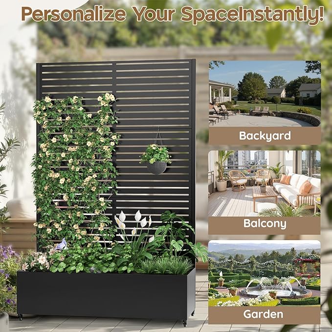 Metal Planter Box with Trellis,72"x47"x15.7",Galvanized Raised Garden Bed Trellis Outdoor Planter with Privacy Screen & Wheels and Drainage Holes,for Patio Climbing Vegetables,Flowers,Vines,Black