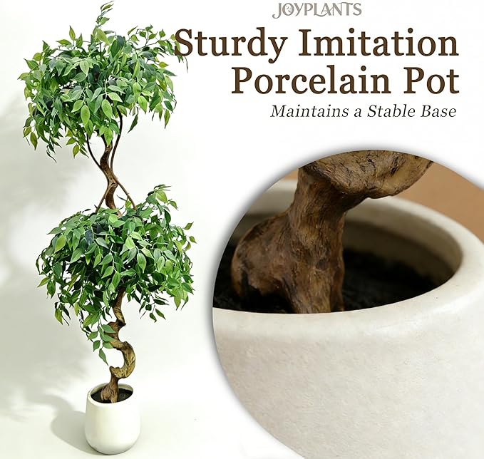 6FT Artificial Ficus Tree with White Pot, Tall Faux Ficus Plant with Realistic Natural Trunk and Lifelike Green Leaves, Indoor Fake Silk Tree for Home, Office, Living Room, or Corner Decor