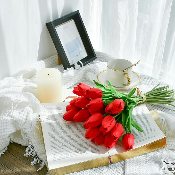 Mandy's Red Artificial Tulips Flowers Centerpiece, 13.5" Lifelike PU Fake Floral Stems 20pcs for Kitchen Island & Dining Table, Spring Decor for Easter