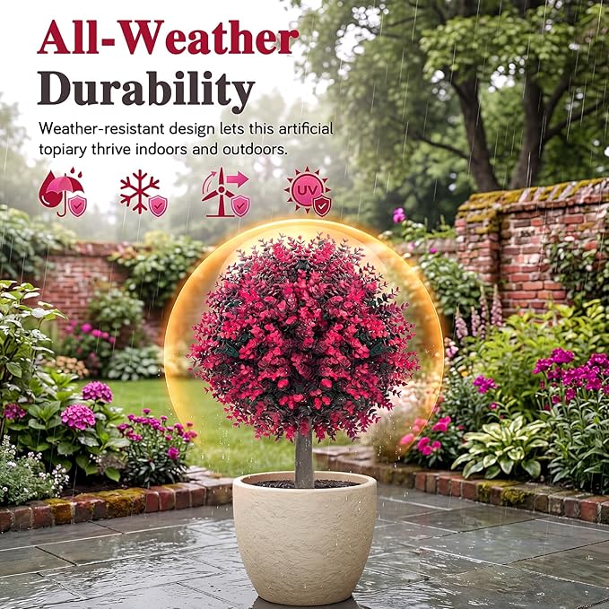 PATIO CHOICE Topiary Trees Artificial Outdoor Boxwood Ball Trees with Ground Spike Set of 2 22" Fake Outdoor Plants Faux Bushes and Shrubs Decorations for Outdoor Indoor Front Porch Garden