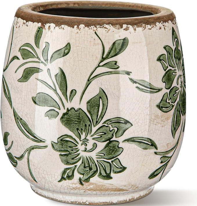 SiliFine Vintage Ceramic Flower Pot with Ice Crackle Rustic Planter with Drainage Holes for Indoor and Outdoor Decor Home Living Room Garden Decor Gardening Gift(Rustic Style)