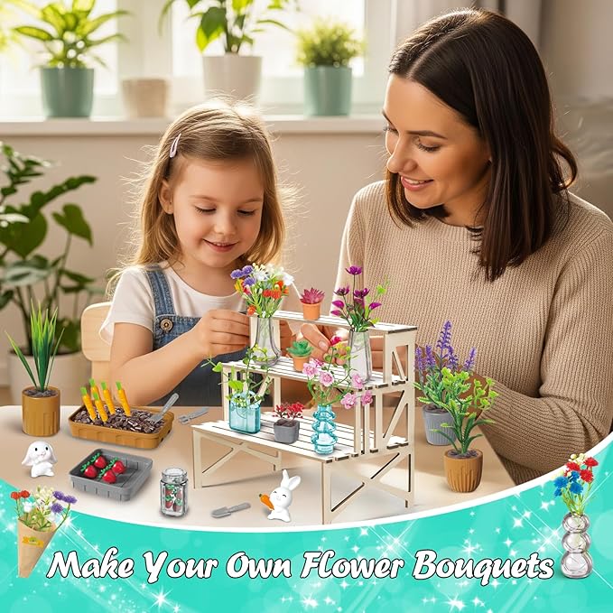 Make It Miniature Botanicals Kit - Mini Plants Collectibles with Flowers, Bouquets, Bonsai, Succulent, Garden, Wooden Display Stand - DIY Crafts Toy Gifts for Kids 6+, Collectors, Decoration