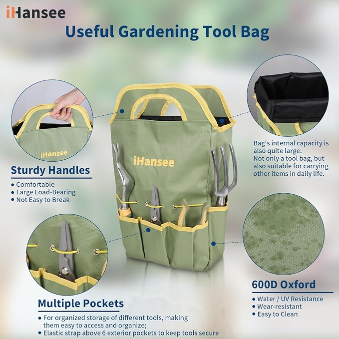 Set of 12 Garden Tool, iHansee Heavy-Duty Aluminum Gardening Hand Tools with Rubber Non-Slip Handle, Garden Apron, Gloves, Kneeling Pad and Storage Bag, Garden Hand Tools Starter Kit Landscaping Tools