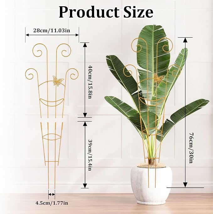 2 Pcs 30'' Monstera Plant Trellis for Pots, Metal Garden Trellis for Outdoor Plant Climbers, Expandable Houseplant Support with Butterfly Design for Monstera Ivy Hoya Vine, Gold