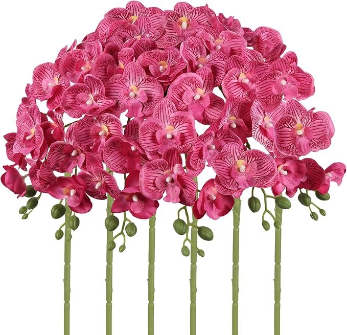 Orchid Artificial Flowers 6PCS Fake Silk Orchids Faux Orchid Stems Phalaenopsis Branches for Wedding Bouquet Home Party Garden Outdoor Decoration(Hot Pink)