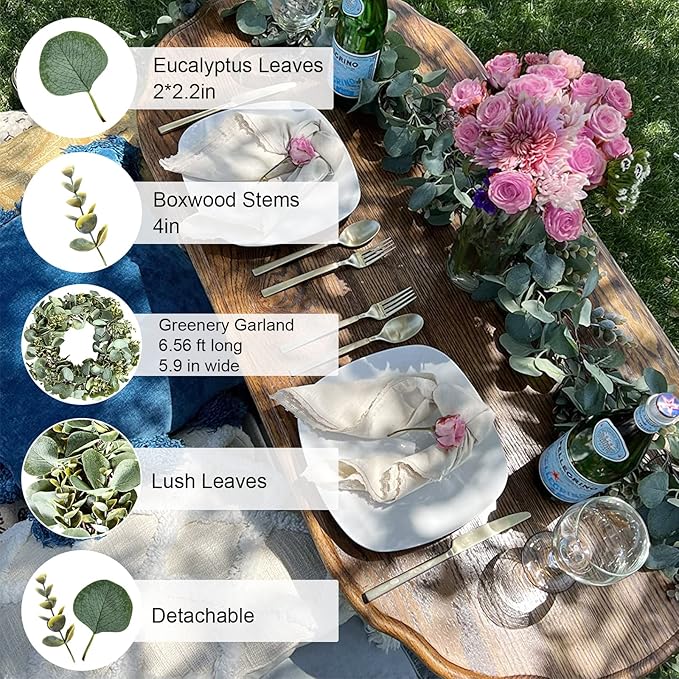 Ouddy Decor Eucalyptus Garland 6.56 Ft Lush Silver Dollar Leaves Boxwood Artificial Faux Greenery Vines for Baby Shower Wedding Party Table Runner Room Home Mantle Decor