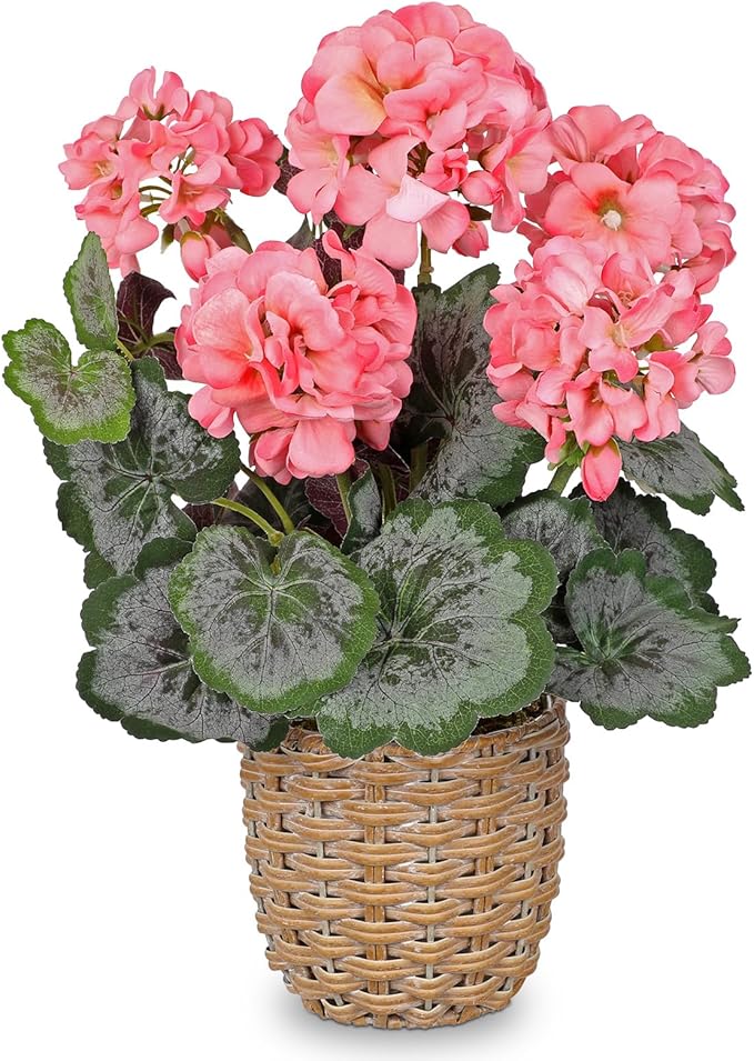 Briful Artificial Pink Geranium Flowers in Woven Basket, 14.5’’ Tall Silk Flower Arrangement, Realistic Geraniums Artificial Outdoor Plants for Home Indoor Farmhouse Table Wedding Centerpiece Decor