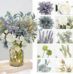 Fake Flowers with Vase, Silk Dusty Blue Rose Hydrangea Lavender Artificial Cemetery Flowers in Vase Faux Dahlia Flowers Arrangement for Table Centerpiece Summer Spring Gravesites Grave Home Decor