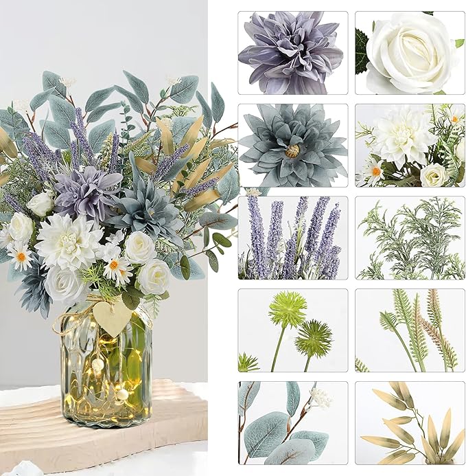 Fake Flowers with Vase, Silk Dusty Blue Rose Hydrangea Lavender Artificial Cemetery Flowers in Vase Faux Dahlia Flowers Arrangement for Table Centerpiece Summer Spring Gravesites Grave Home Decor