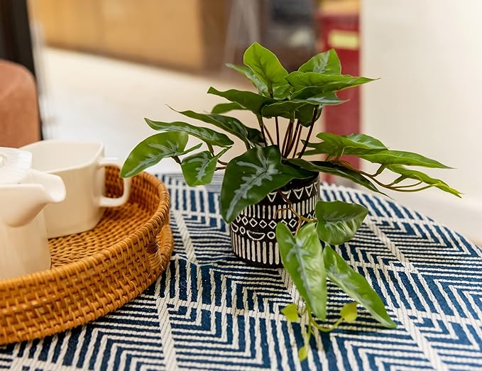 AlphaAcc Faux Plant Decor Potted Artificial Small Greenery Ivy Leaves Plants with Black and White Geometry Patterns Cement Pot for Office Desk Home Kitchen Decoration (Taro Leaf)