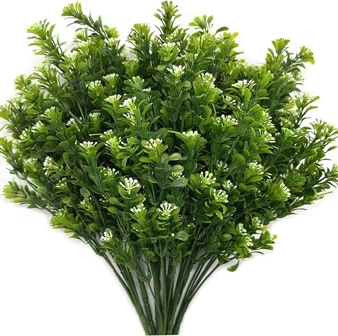 PASYOU Artificial Shrubs, Plastic Plants Fake Bean Shrub Bushes Grass Greenery Leaves Bush Indoor Outdoor Home Garden Party Verandah Wedding DIY Table Arrangement Decoration Planter Filler 8 Pack