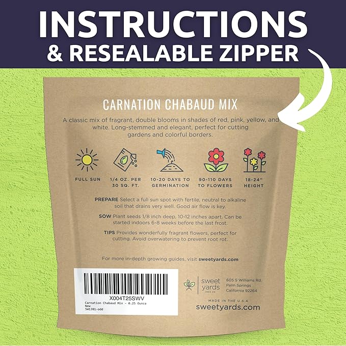 Carnation Chabaud Mix – Large 1/4 Ounce Seed Packet – 4,000 Flower Seeds for Planting – Dianthus caryophyllus
