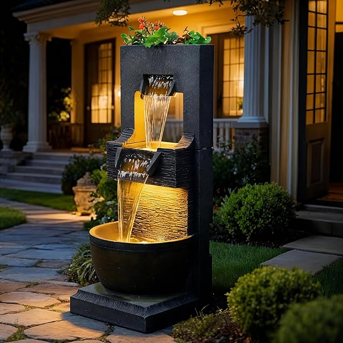 Bumilgar 39" H Modern Indoor Fountain with LED Lights and Pump, 3-Tier Standing Cascading Waterfall - Modern Design for Garden/Patio/Yard, Multi-Level Outdoor Decor 15“x14”x39“(Brown)