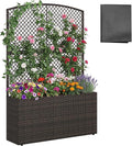 Happygrill Raised Garden Bed with Trellis, 58" Wicker Planter Box with Privacy Screen, Liner, Drainage for Patio Balcony, Outdoor PE Rattan Elevated Garden Bed for Climbing Plant Vine Flower (Brown,1)