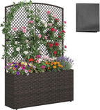 Happygrill Raised Garden Bed with Trellis, 58" Wicker Planter Box with Privacy Screen, Liner, Drainage for Patio Balcony, Outdoor PE Rattan Elevated Garden Bed for Climbing Plant Vine Flower (Brown,1)