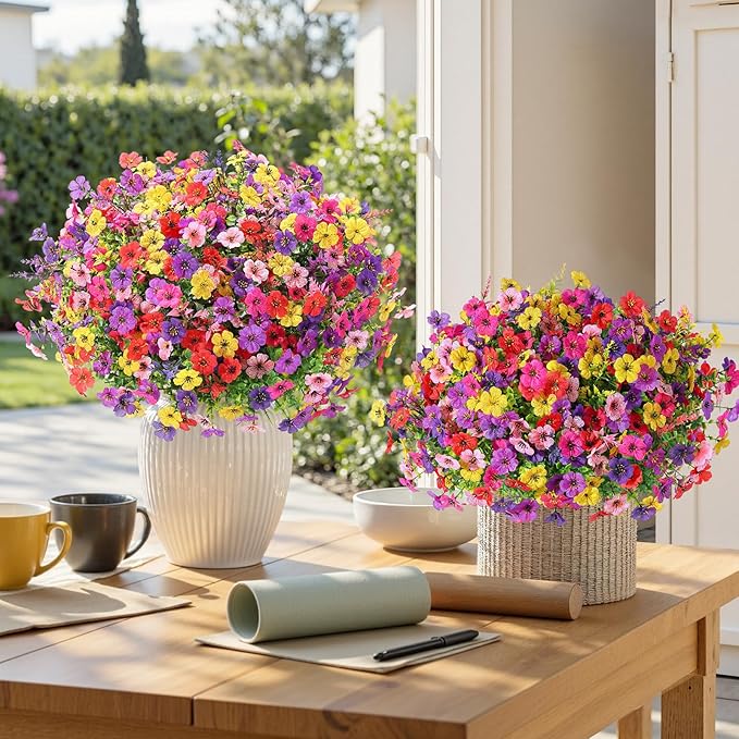 SHareconn 48 Bundles Artificial Flowers for Outdoors Decoration, Faux Plants Fake Silk Colorful Daisy Eucalyptus Lavender, UV Resistant for Outside Home Porch Indoor Spring Decor, 6 Colors incl. Red