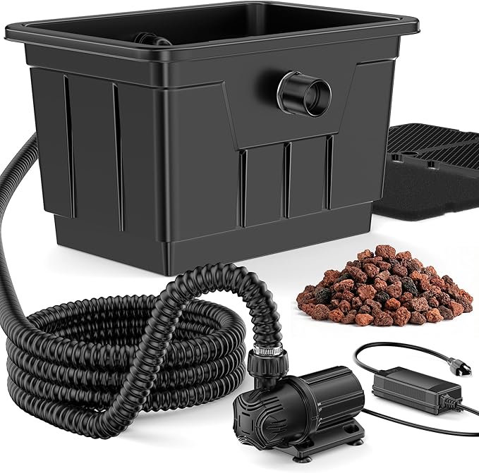 POPOSOAP Large Pond Filter Kit, 1200GPH Pond Filter with Quiet Pond Pump & 9.8FT Tube, Multiple Filtration System for for Koi Pond Garden Pond Water Clean & Clear-P2580