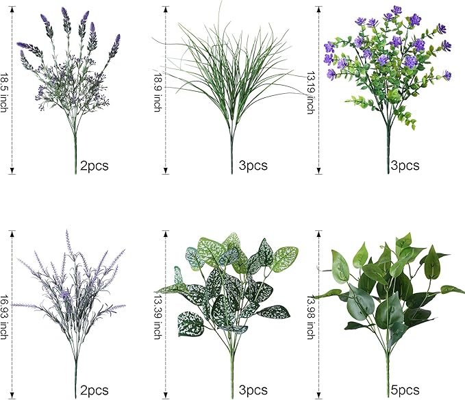 Starttag 18PCS Artificial Plants for Outdoor Decor Realistic Faux Greenery & Flowers Fake Plastic Leaves with Stems UV Resistant Outside Bushes for Garden Patio and Porch