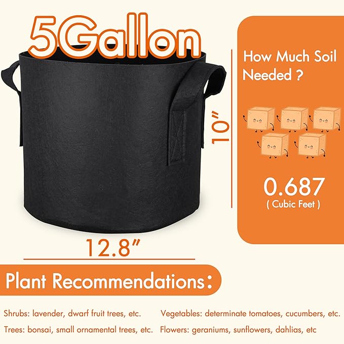 Gardzen 10-Pack 5 Gallon Grow Bags, 300G Thickened Fabric Grow Bags with Handles, Heavy Duty Aeration Plant Grow Bags