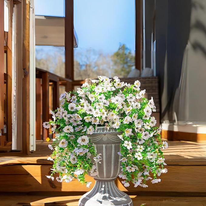 HyeFlora Artificial Flowers for Outdoors Fake Hanging Decoration, 2Pcs White Spring Summer Decor, Realistic Plants, UV & Fading Resistant Silk Flower for Porch Patio Balcony Planter Yard Home Garden