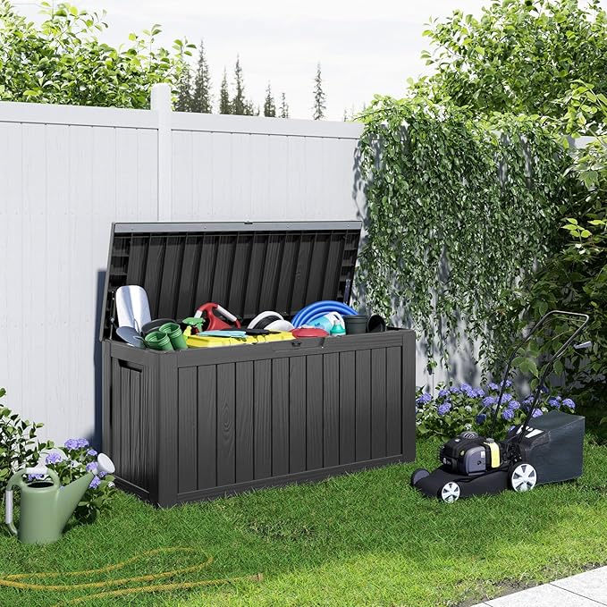 86 Gallon Deck Box, Lockable Waterproof Outdoor Storage Boxes For Garden Tools,Indoor Cushions,Accessories Outside Storage Resin Weatherproof Container(Black)