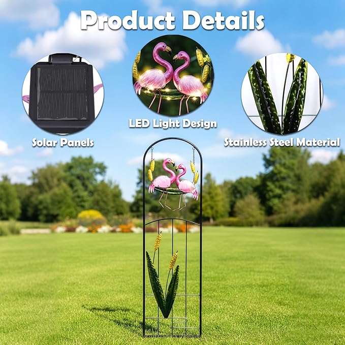 Flamingo Metal Garden Trellis with Solar Lights for Climbing Plant | 1-Pack Weatherproof Iron Plant Trellis, Heavy Duty Potted Cucumber Clematis Support Frame Stake for Outdoor Patio Yard Decor
