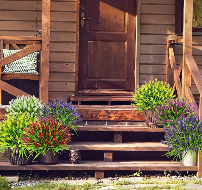 Bassion 24 Bundles Artificial Flowers for Outdoors, Fake Lavender Flowers with Monkey Grass UV Resistant Plastic Faux Plants for Outside Hanging Planter Window Box Garden Patio Front Porch Home Decor