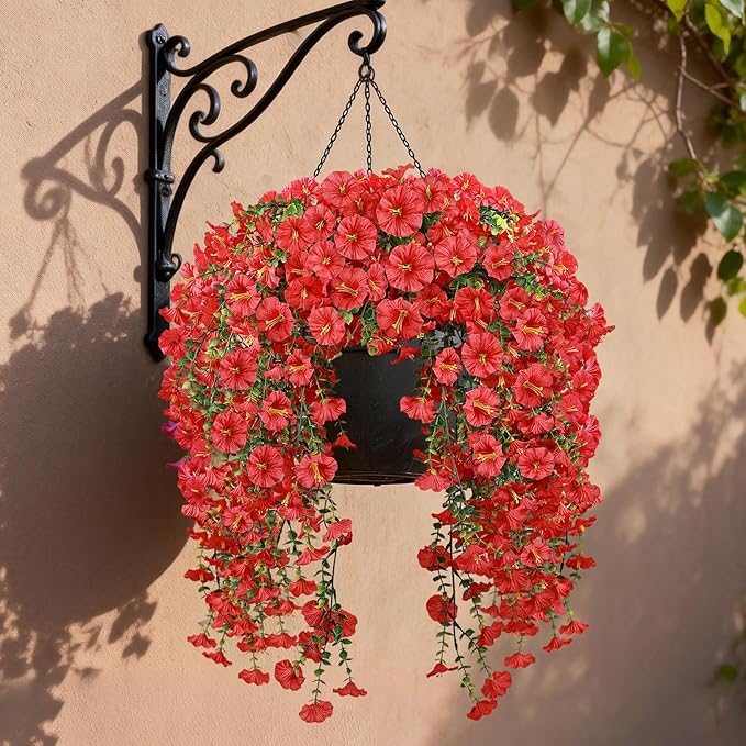 Artificial Hanging Flowers for Outdoors, 4 PCS 600 Blooms UV Resistant Morning Glory Faux Silk Vines, No-Odor Realistic Fake Plants for Garden Planter Porch Patio Decoration, Red