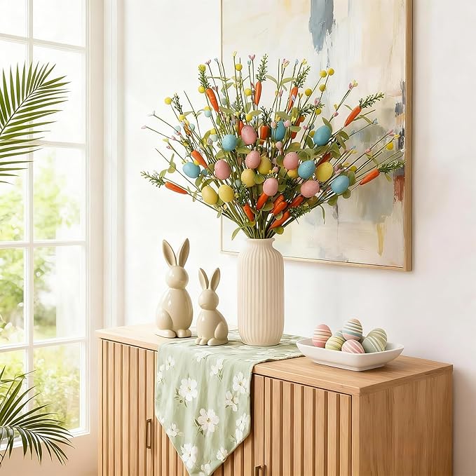 Easter Decorations 6 Pack Easter Stems 17 Inch Artificial Egg Picks with Carrots Colorful Eggs Eucalyptus Leaves for Living Room Centerpieces Home Vase Decor