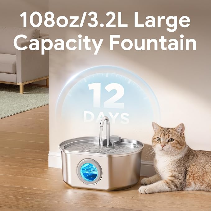 Cat Water Fountain Stainless Steel: 108oz/3.2L Cat Fountain for Drinking - Pet Water Fountain Inside - Automatic Dog Watering Dispenser Bowl - Pet Feeding & Watering Supplies - Water Level Window