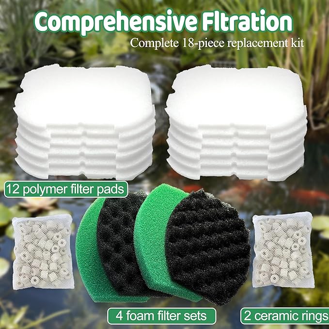 PurifyLogix 18 PCS Pond Filter Kits for Pennington Inpond 5 in 1 600 Gallon Model Water Pump, Includes 4 Foam Filter, 12 Polymer Woolfilter Mats, 2 Ceramic Media Rings Compatible with Aquagarden 600