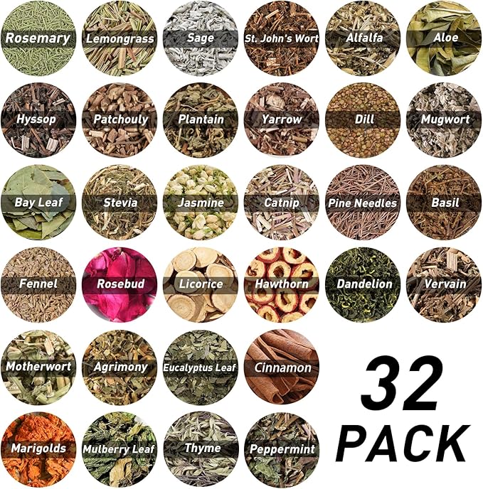 32pcs Dried Herbs for Witchcraft, Witchcraft Supplies Kit for Wiccan Rituals, Witch Herbs Set for Pagan, Magic Spells, Witch Gift Starter Set Room Altar Supplies Decor