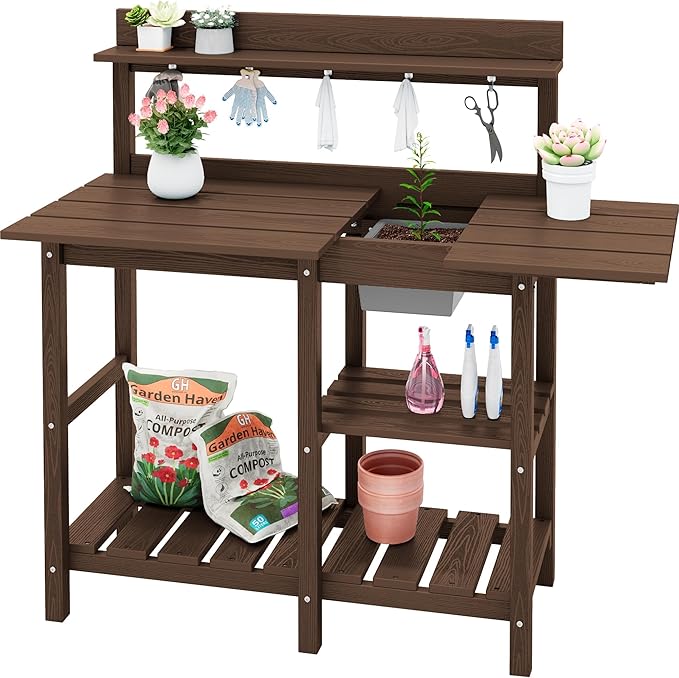 SERWALL Outdoor Potting Bench with Removeable Sink,Rot-Resistant HDPE Potting Table for Outside Gardening, All Weather Use - Coffee