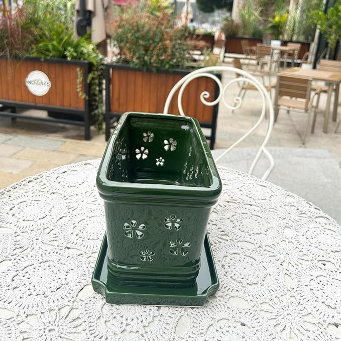 Orchid Pot with Holes12 Inch Ceramic Plant Pots with Drainage Holes and Tray, Promoting Air Circulation and Drainage, Indoor/Outdoor Green Flower Pots