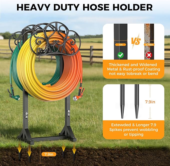 Garden Hose Holder Holds 2 * 160Ft Hoses, Heavy-Duty Freestanding Water Hose Holder with 4 Spikes, Rustproof Hose Stand Hose Hanger Storage Hose Rack for Outside, Yard, Lawn, Farm