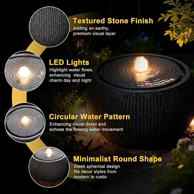 10.6" H Modern Round Outdoor Water Fountain with 3000K LED Lights, Minimalist Sphere Garden Waterfall with Soothing 55dB Sound for Patio, Deck, Porch, Backyard and Zen Indoor Decor