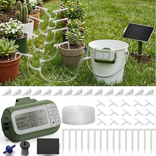 33FT 1/4'' Tube Drip Irrigation Kits Solar, Plant Watering Automatic Garden Irrigation Kits for 15 Potted Plants, Plant Misters for Inside, Irrigation System with Programmable Water Timer