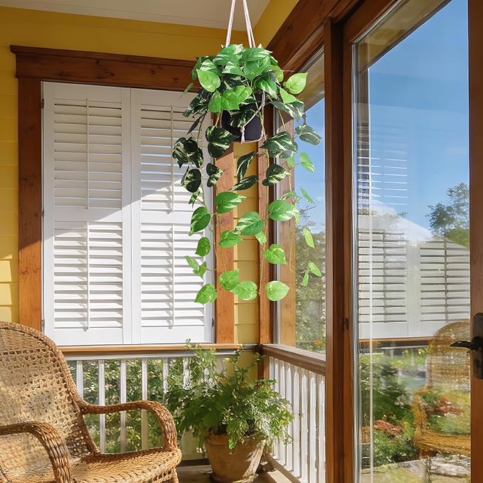alyptus Fake Pothos Hanging Plants - Artificial Hanging Plant with Pot Realistic Faux Pothos Vines for Indoor Décor, Lush Greenery for Balcony Patio Office, Bathroom - Golden Green