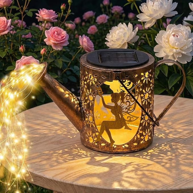 Solar Watering_Can Lights with Fairy & Flowers, Outdoor Garden Decor with Cascading String Lights, Waterproof Solar Powered Hanging Lantern for Patio Yard Pathway, Gift for Mom Cat Lovers Gardeners