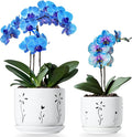 2 Pack, 5 + 6 Inch White Orchid Pots with Holes and Saucer, Ceramic Orchid Planters for Repotting with Drainage Holes and Tray, Plant Flower Pot containers for Orchid Indoor Outdoor